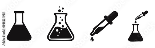 Minimalist black icons of chemistry laboratory equipment, featuring conical flasks with bubbling liquid and pipettes with drops on white background.