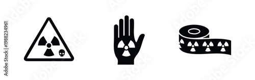 Set of radiation hazard icons featuring a warning sign with skull, a hand silhouette with trefoil, and radioactive caution tape on white background.