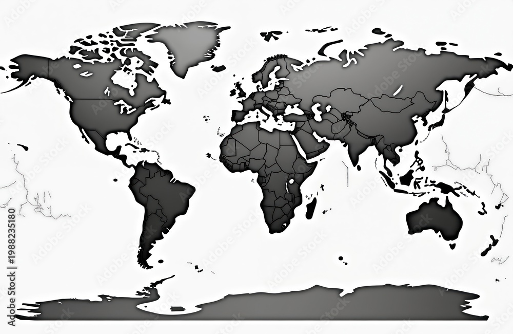 Obraz premium World map graphic shows continents, countries with political borders. Detailed globe illustration depicts landmasses on white background. Cartography design for geography education or travel planning.