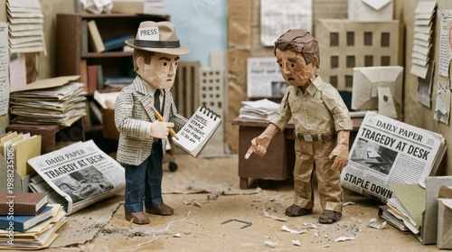 Paper characters depicting a reporter taking notes and interviewing a worried office worker pointing at a fallen staple, satirizing media sensationalism with a newspaper headline tragedy at desk