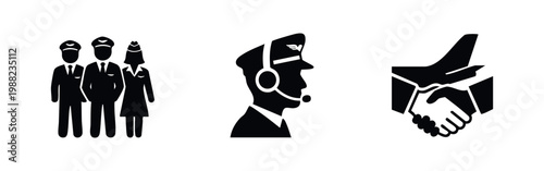 Minimalist aviation icons set featuring flight crew, pilot with headset communication, and a business handshake agreement with an airplane tail.