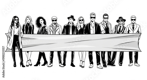 Group of diverse people holding a blank banner illustration.