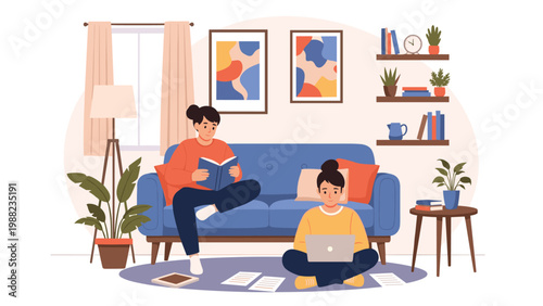 Two women focused on their studies at home, with one reading on a sofa and the other working on a laptop on the floor.