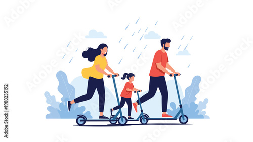 Happy family of three enjoying an outdoor ride on their kick scooters despite the falling rain in a stylized park setting.