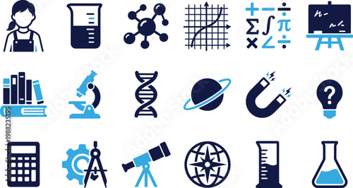 Science and education icons set with learning tools and scientific instruments.