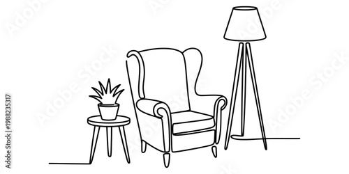 Minimalist one line drawing of a comfortable armchair with a side table and floor lamp.