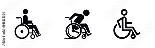 Three different black wheelchair user symbols on white, showing various styles for accessibility, disability awareness, and inclusive design.