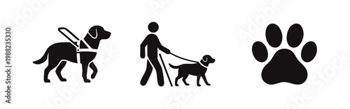 Icon set featuring a guide dog silhouette, a blind person with a cane led by an assistance dog, and a paw print. Minimalist vector illustration.