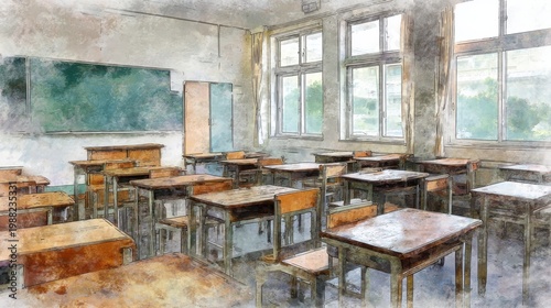 Empty Classroom with Sunlight Through Windows