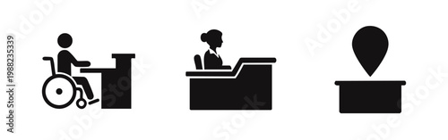 Set of minimalist black icons representing reception, service desks, and accessibility featuring a wheelchair user, a receptionist, and a location pin.