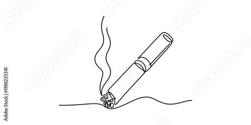 Single line drawing of a lit cigarette with a wisp of smoke rising from its tip.