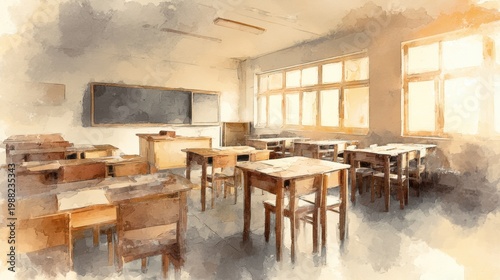 Empty Classroom with Desks and Blackboard