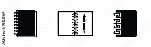 Minimalist set of notebook icons including closed journal, open spiral notebook with pen, and bound diary isolated on white background.