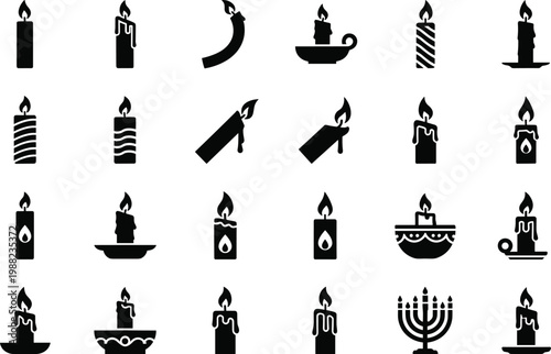 Candle icon silhouette illustration, decorative wax artwork, menorah symbol design, pillar candle graphic, tealight emblem, religious lighting