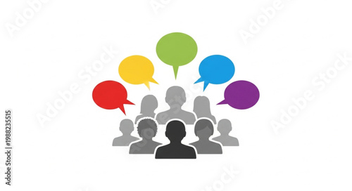 Group of people communicating with colorful speech bubbles.