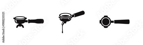 Minimalist black icons showing different views of an espresso portafilter and dripping coffee, ideal for coffee shop branding and barista equipment.