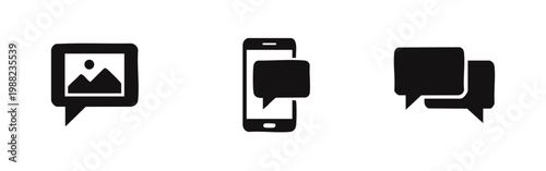 Set of three hand-drawn black icons representing digital communication: a media message, a smartphone notification, and a chat conversation.
