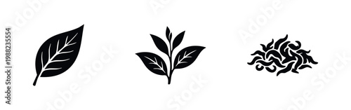 Set of black icons showing different stages of tea production: a single fresh leaf, a growing sprig, and a pile of dried loose leaf tea.