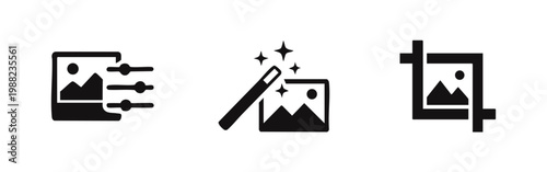 Set of three black flat vector icons representing photo editing: image adjustment settings, magic wand enhancement, and a cropping tool symbol.