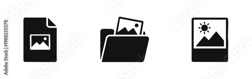 Set of black minimalist icons representing an image file, a photo folder, and a photograph, ideal for web design and digital management interfaces.