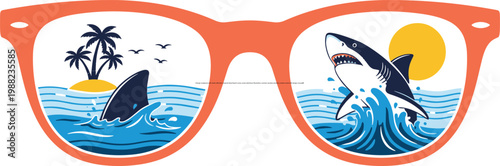 Orange sunglasses with shark reflection, tropical island beach scene, ocean adventure illustration, summer vacation artwork, creative marine life design concept