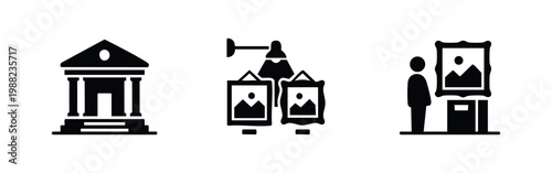 Set of minimalist black glyph icons for art museums and galleries, featuring a museum building, lit paintings, and a person viewing an exhibition.