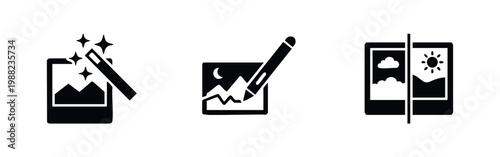 Set of black minimalist photo editing icons including magic wand enhancement, digital drawing stylus, and before-and-after image comparison tools.