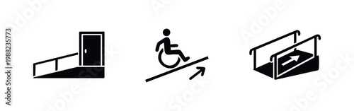 Vector icon set of wheelchair accessibility ramps, featuring a ramp to an entrance, a person in a wheelchair, and a ramp with handrails.