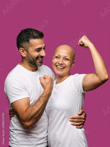 Vertical portrait of a bald woman and a man flexing biceps and smiling. Happy couple celebrating strength and cancer recovery. Support concept for National Cancer Survivors Day