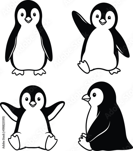 Charming penguin quartet a black and white illustration of adorable antarctic birds