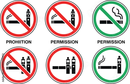 A collection of warning signs indicating prohibition and permission for smoking and vaping.