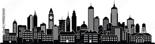 A black and white illustration of a city skyline with tall buildings and skyscrapers