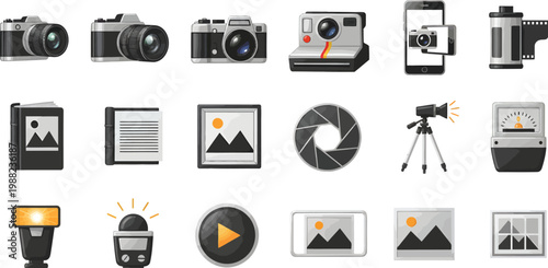 A collection of various camera and photography related icons on a white background