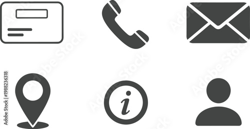 A set of six icons representing various forms of communication and identification on a white background