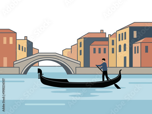 Gondola on canal in historic Italian city with classic architecture and calm water