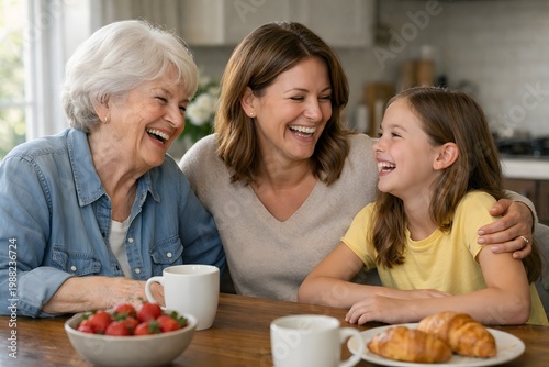 Three cheerful generations of women sharing happy moments laughing together at home
