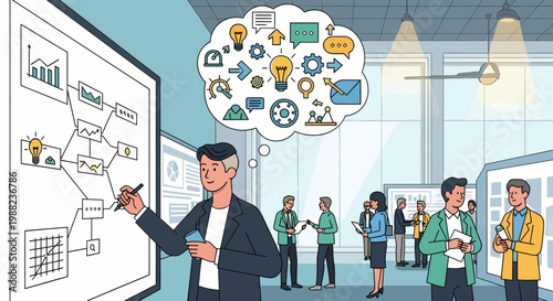 Businessman presenting on whiteboard chart.