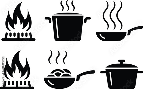 Cooking utensils and heat sources a black and white icon set