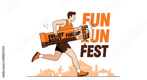 Illustration Of A Runner Celebrating Fun Run, Holding Energy Bar During Event Celebration