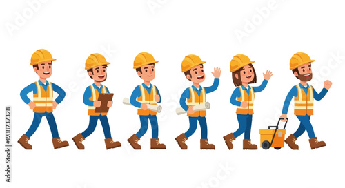 Illustration Of Construction Workers In Different Poses Depicting Teamwork And Progress