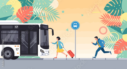 Illustration Of Bus Stop Scene Depicting Travelers, Transportation, And Journey Start