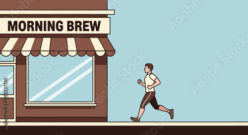 Illustration Of Man Jogging Past Coffee Shop, Preparing For His Morning Brew Drink