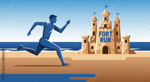 Illustration Of Man Running Towards Sandcastle Fort Expressing Endurance and Active Moments