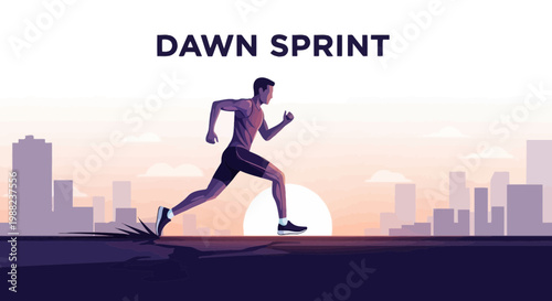 Illustration Of Man Sprinting Towards Sunrise During Early Morning City Run