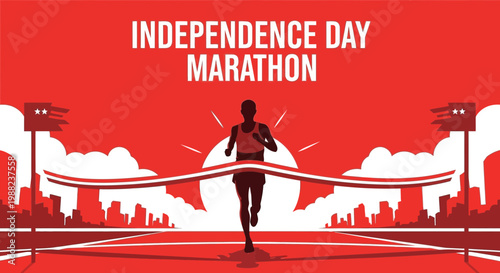Independence Day Marathon Runner Crossing Finish Line With Cityscape