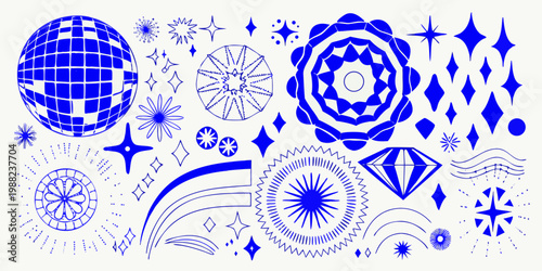Stylized blue abstract shapes stars and a disco ball illustration