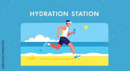 Illustration Of Runner Hydrating Running Close to Stunning Beach During A Sunny Day