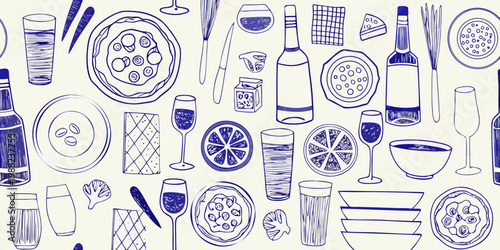 A blue line sketch of various food and drink items arranged densely