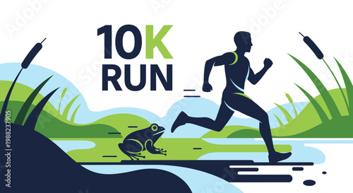 Illustration Of Running Man And Frog With 10K Run Sign Amidst Nature Elements