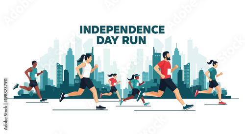 Independence Day Run Celebrated by Diverse Runners in a Modern Cityscape Vector Illustration